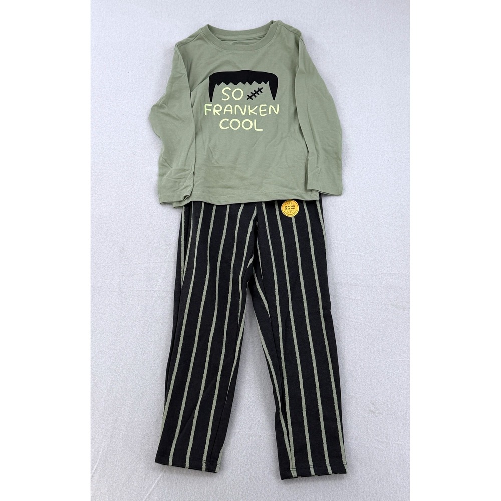 Cat & Jack Boys So Franken Cool Halloween Pajama Set Green Striped 5T